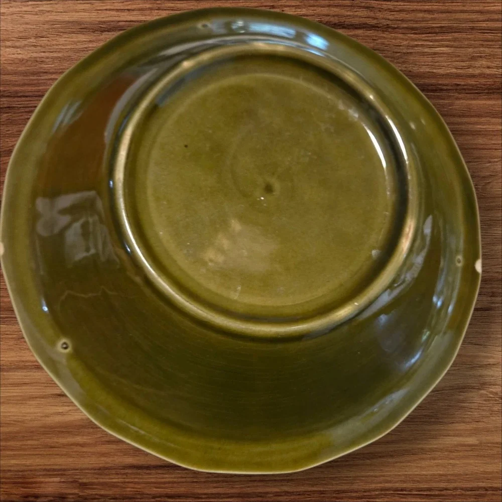 Vintage Olive Green Octagon Ribbed Stoneware‎ Serving Bowl 9